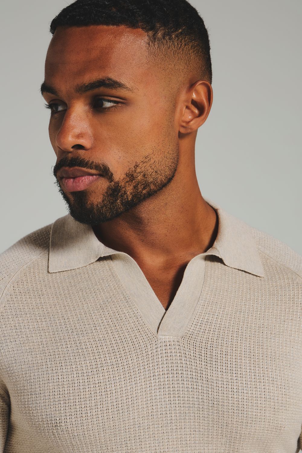 Square Textured Knitted Open Collar Polo Shirt in Wheat Marl