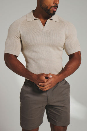 Square Textured Knitted Open Collar Polo Shirt in Wheat Marl