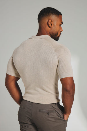 Square Textured Knitted Open Collar Polo Shirt in Wheat Marl