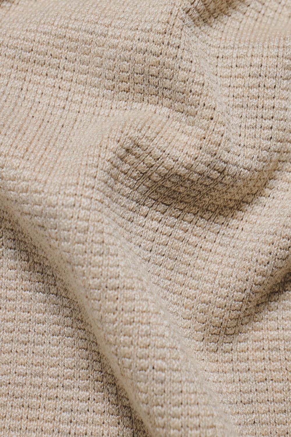 Square Textured Knitted Open Collar Polo Shirt in Wheat Marl