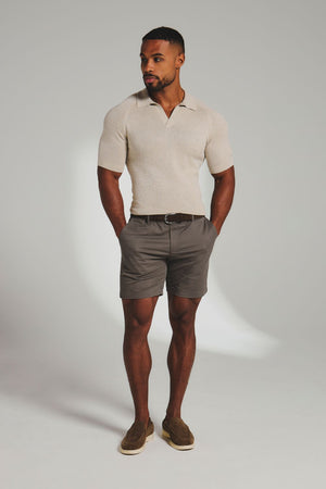 Square Textured Knitted Open Collar Polo Shirt in Wheat Marl