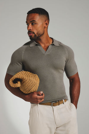 Square Textured Knitted Open Collar Polo Shirt in Sage