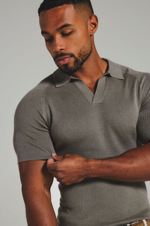 Square Textured Knitted Open Collar Polo Shirt in Sage