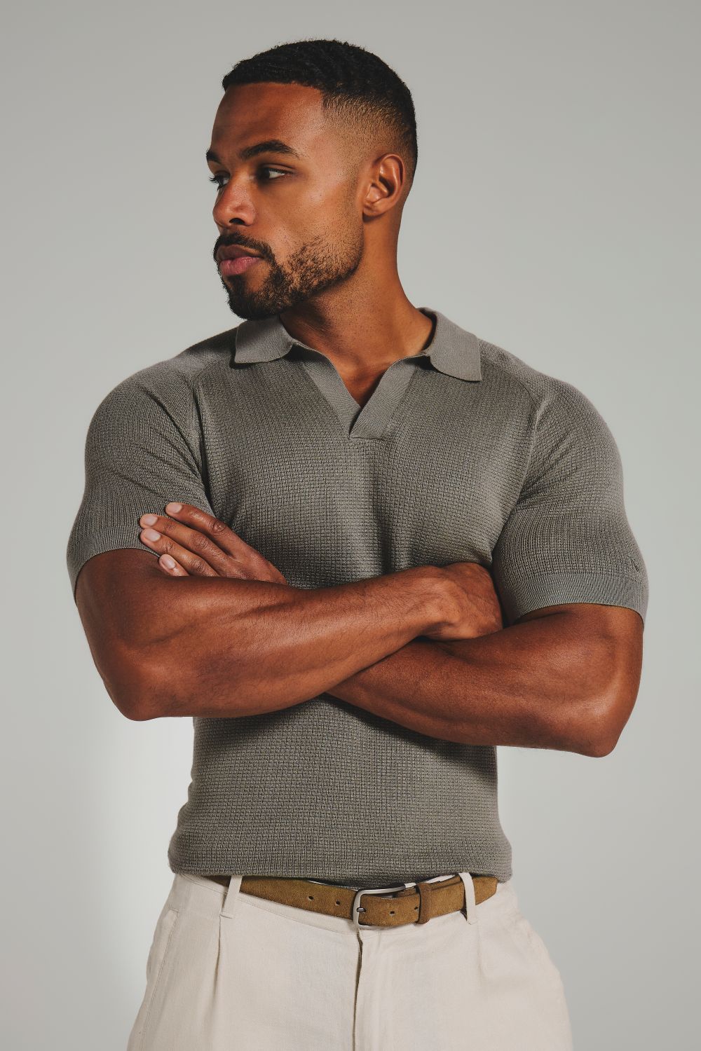 Square Textured Knitted Open Collar Polo Shirt in Sage