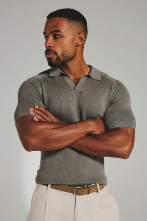 Square Textured Knitted Open Collar Polo Shirt in Sage