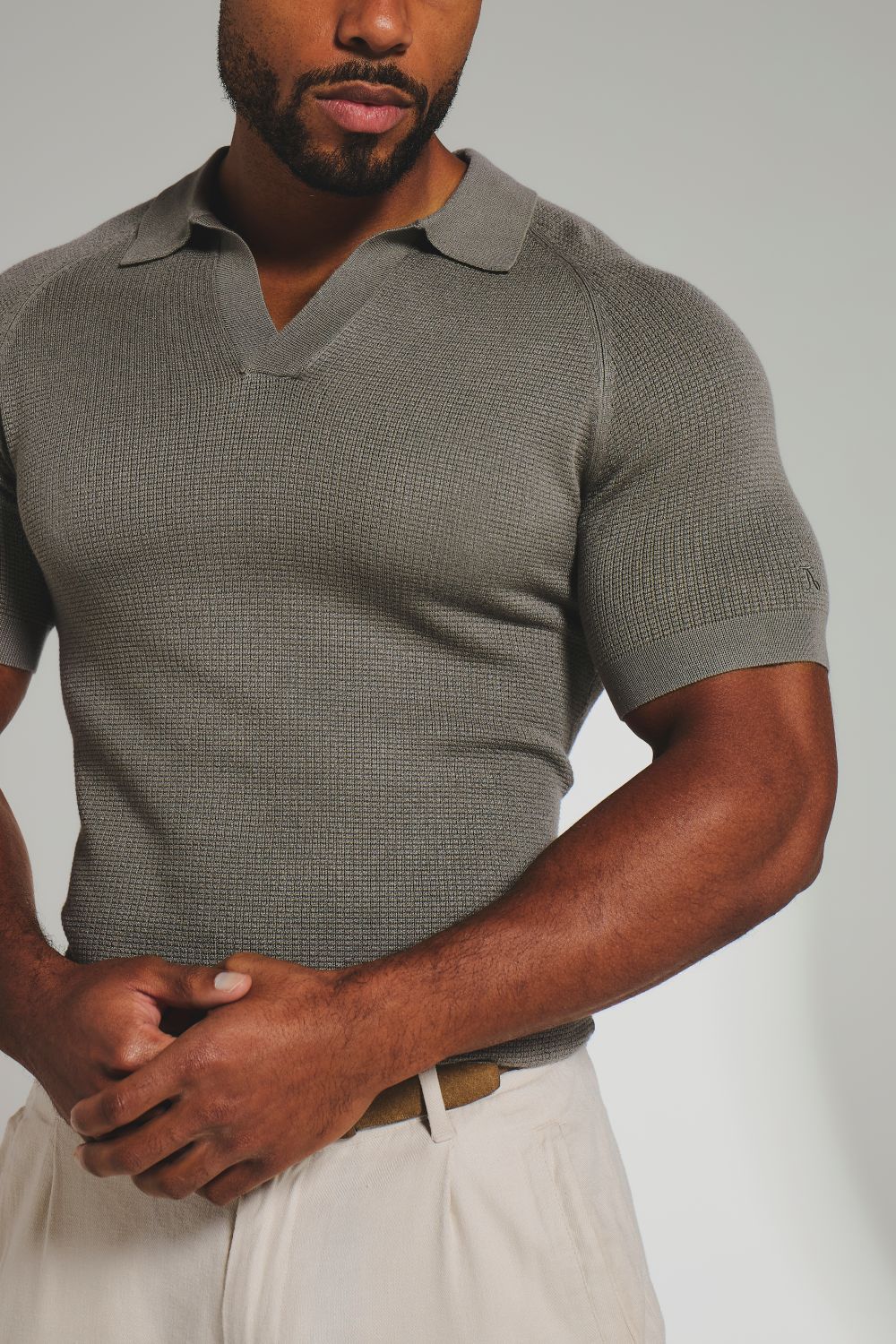 Square Textured Knitted Open Collar Polo Shirt in Sage
