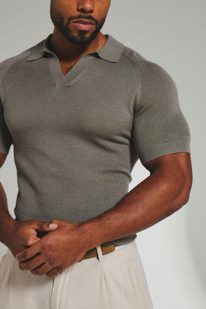 Square Textured Knitted Open Collar Polo Shirt in Sage