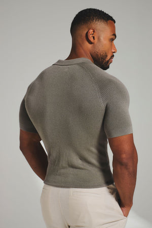 Square Textured Knitted Open Collar Polo Shirt in Sage