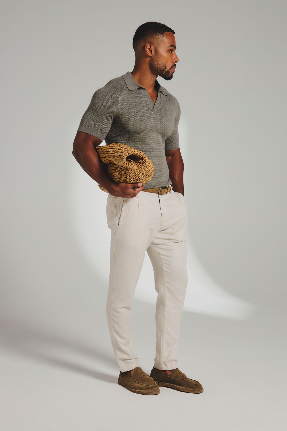 Square Textured Knitted Open Collar Polo Shirt in Sage