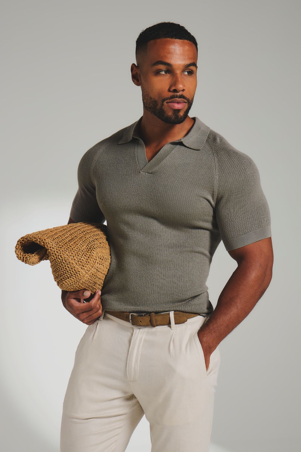 Square Textured Knitted Open Collar Polo Shirt in Sage
