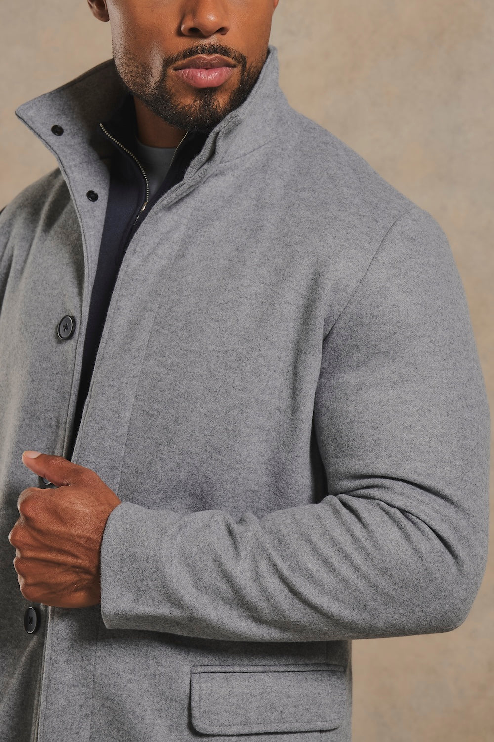 Funnel Neck Overcoat in Mid Grey Marl