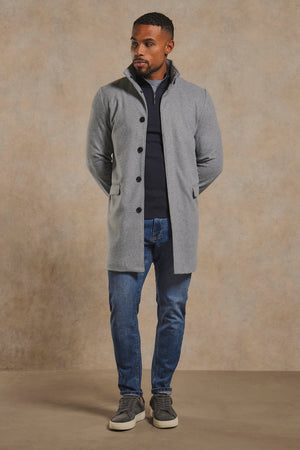 Funnel Neck Overcoat in Mid Grey Marl