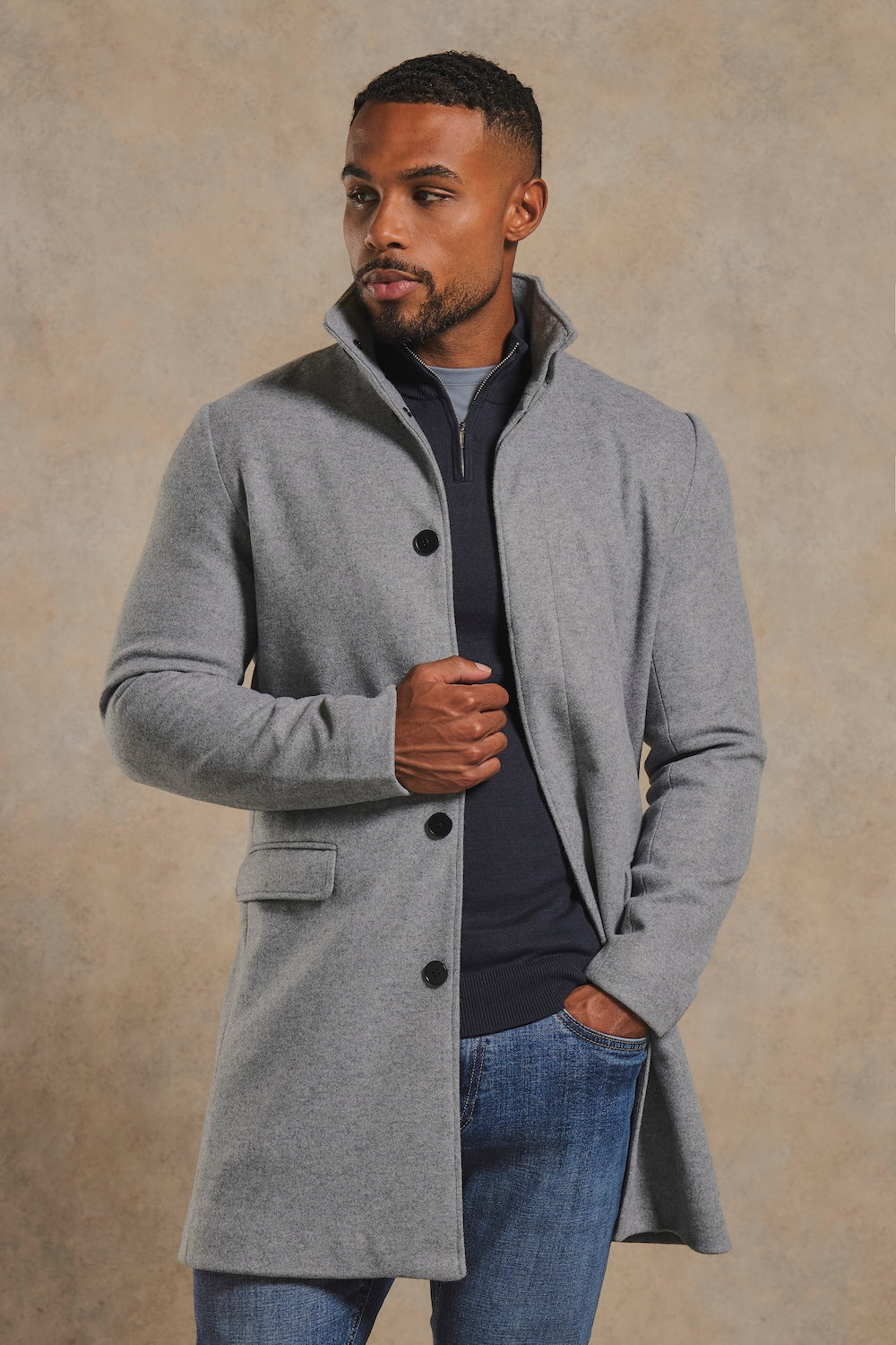 Funnel Neck Overcoat in Mid Grey Marl