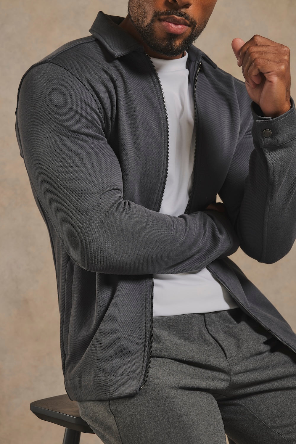 Twill Jersey Zip Through Shacket in Charcoal