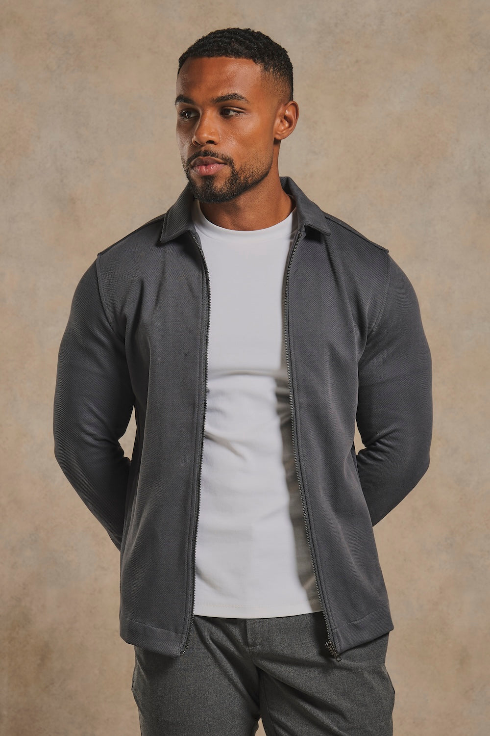 Twill Jersey Zip Through Shacket in Charcoal