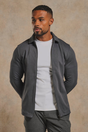 Twill Jersey Zip Through Shacket in Charcoal