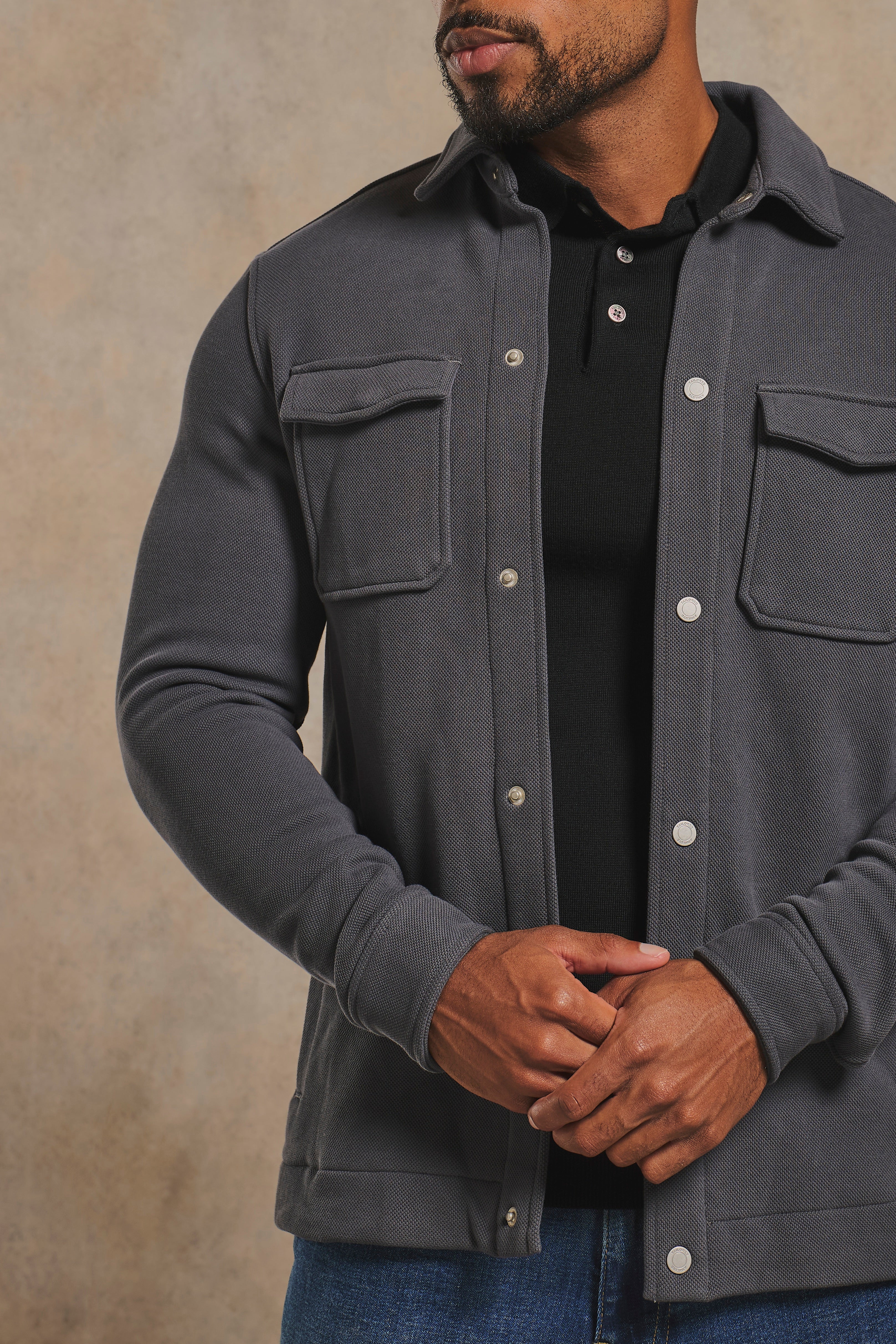 Textured Jersey Shacket in Charcoal