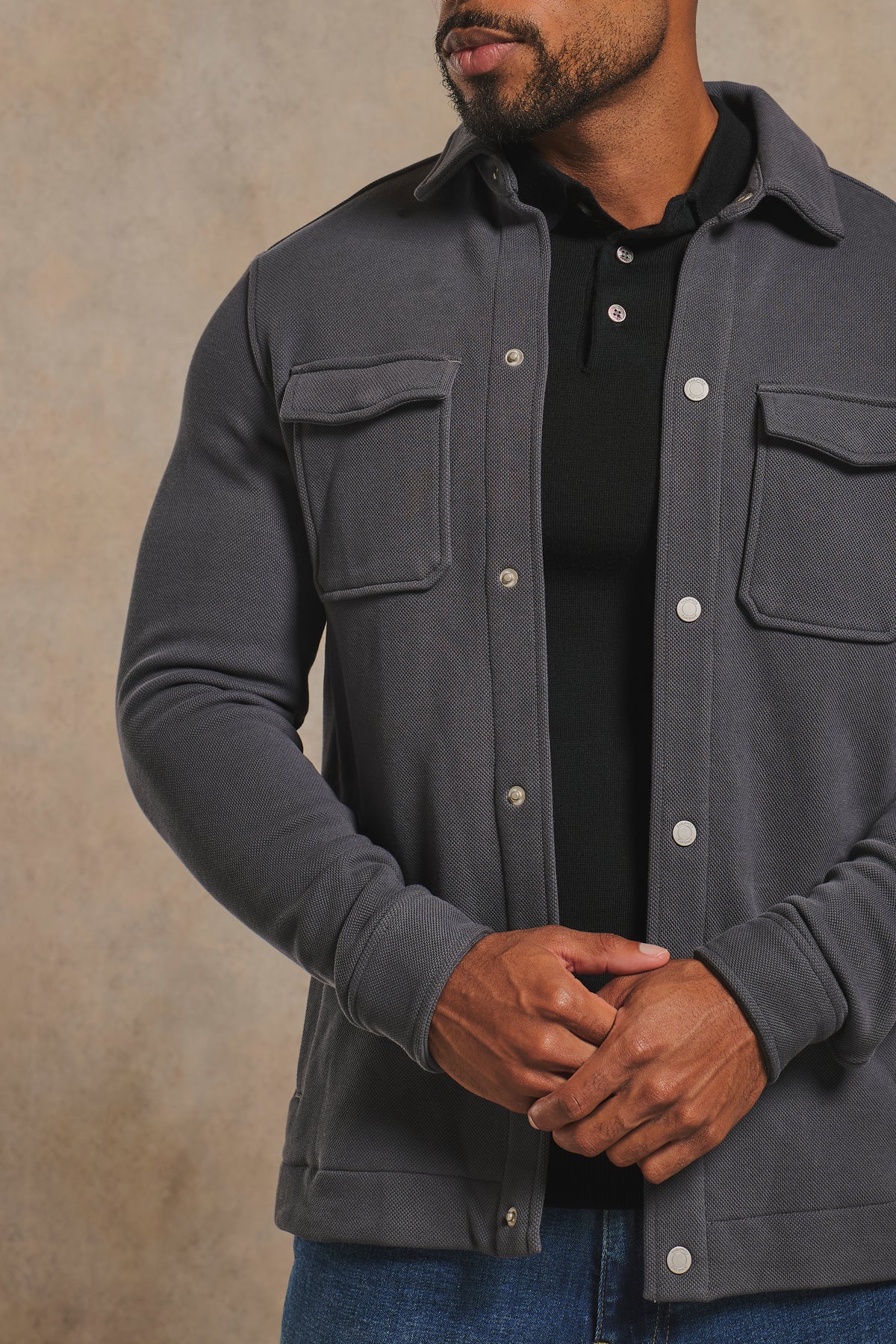 Textured Jersey Shacket in Charcoal