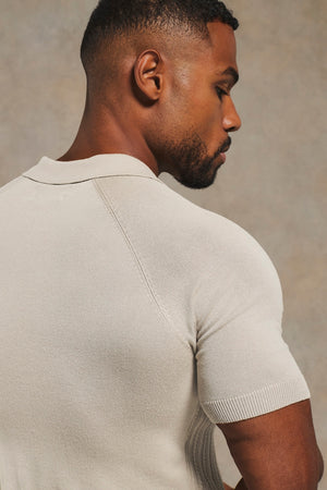 Fine Cable Knitted Open Collar Polo Shirt in Chalk