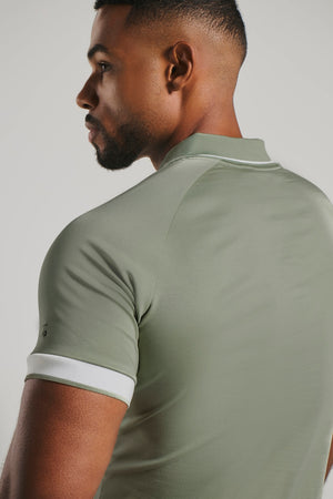 Mercerised Cotton Tipped Zip Neck Polo Shirt in Sage and White