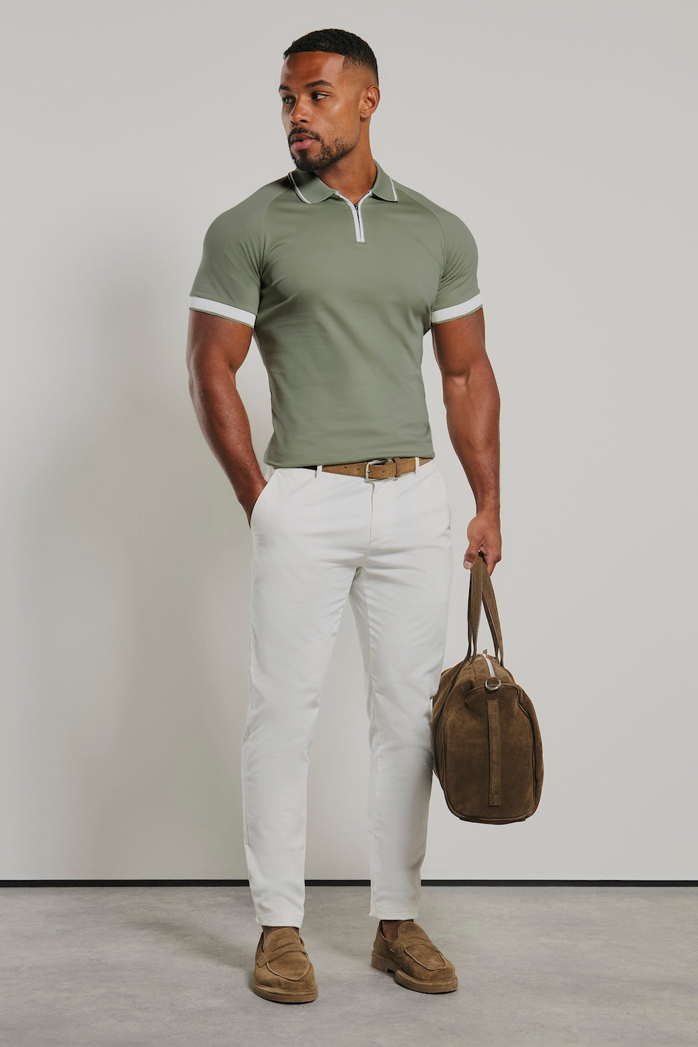 Mercerised Cotton Tipped Zip Neck Polo Shirt in Sage and White