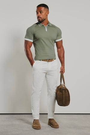 Mercerised Cotton Tipped Zip Neck Polo Shirt in Sage and White
