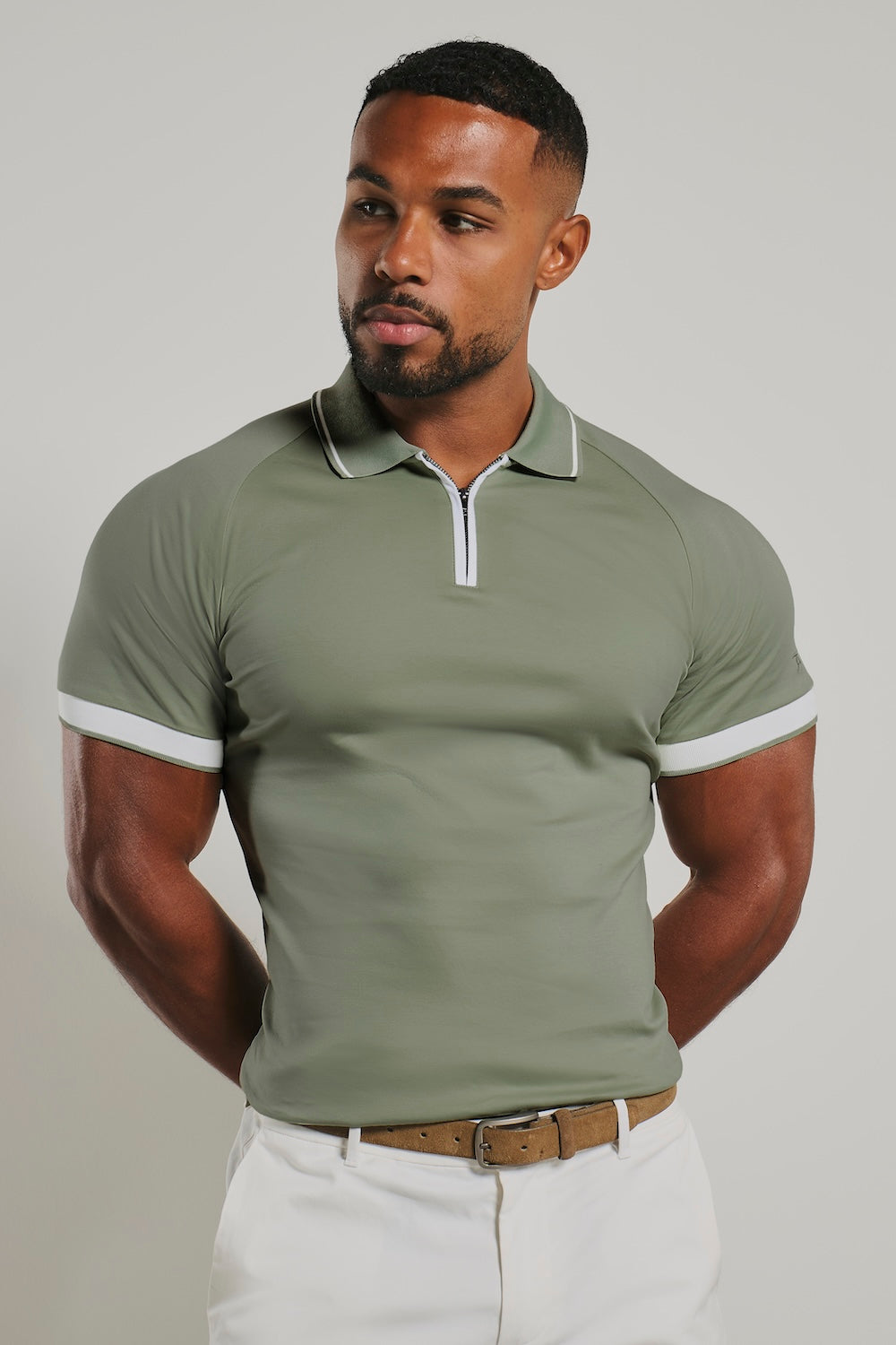 Mercerised Cotton Tipped Zip Neck Polo Shirt in Sage and White
