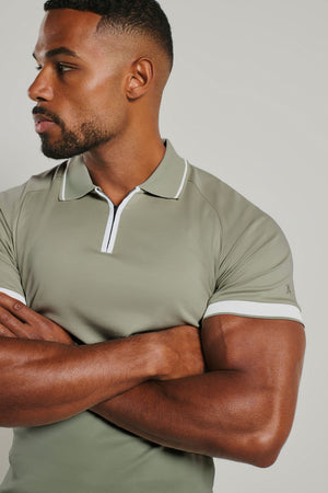 Mercerised Cotton Tipped Zip Neck Polo Shirt in Sage and White