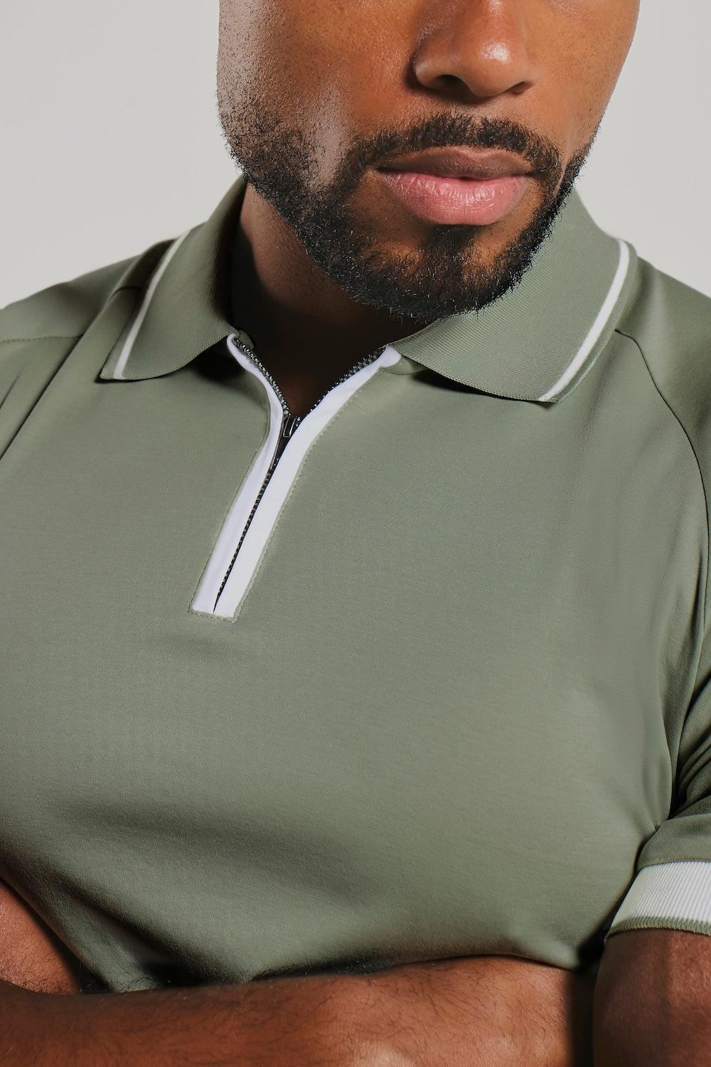 Mercerised Cotton Tipped Zip Neck Polo Shirt in Sage and White