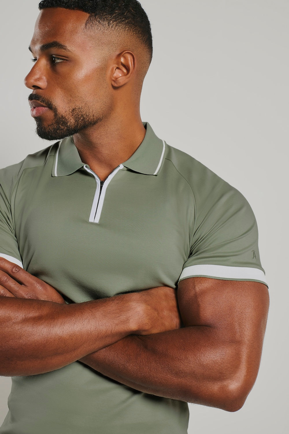 Mercerised Cotton Tipped Zip Neck Polo Shirt in Sage and White