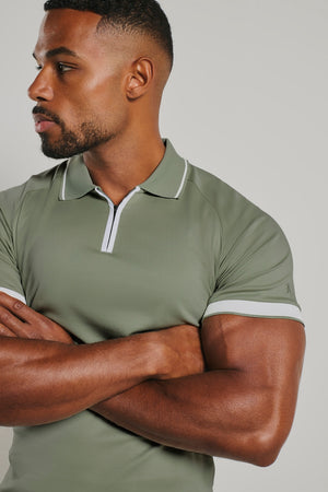 Mercerised Cotton Tipped Zip Neck Polo Shirt in Sage and White