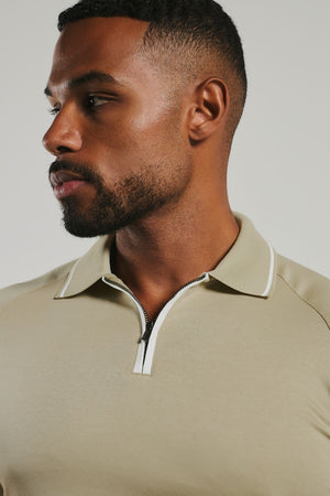 Mercerised Cotton Tipped Zip Neck Polo Shirt in Stone and White
