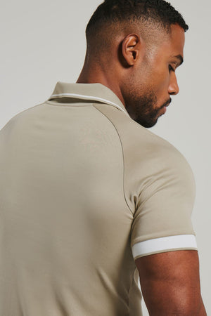 Mercerised Cotton Tipped Zip Neck Polo Shirt in Stone and White