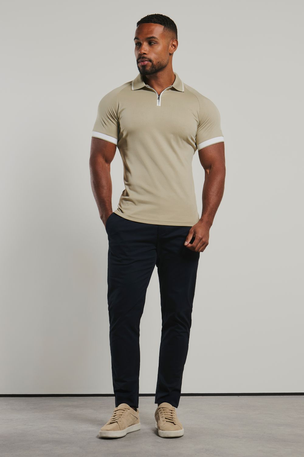Mercerised Cotton Tipped Zip Neck Polo Shirt in Stone and White
