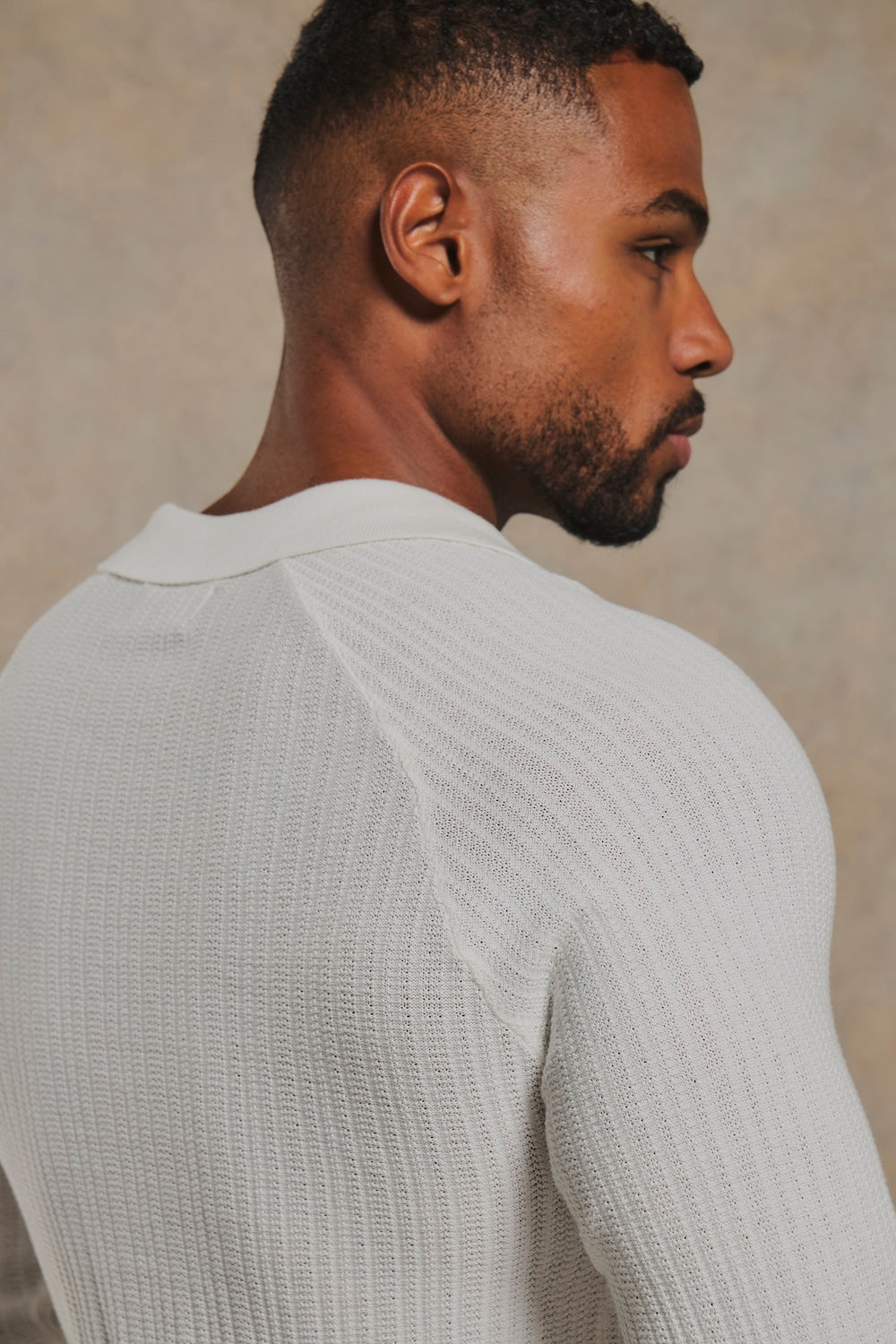 Textured Knitted V Neck Open Collar Polo Shirt in White