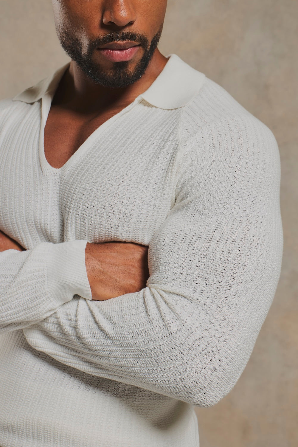 Textured Knitted V Neck Open Collar Polo Shirt in White
