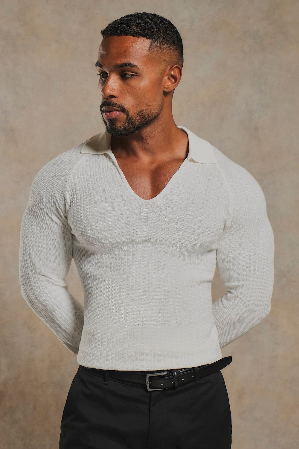 Textured Knitted V Neck Open Collar Polo Shirt in White