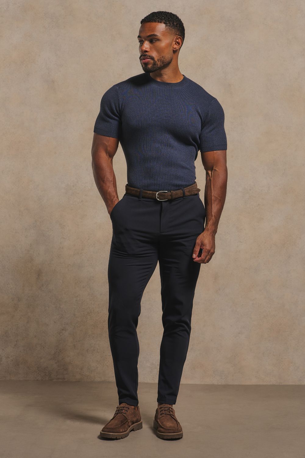 Soft Knitted Ribbed T-Shirt in Ink Blue