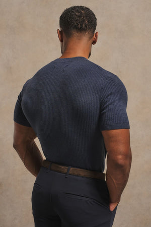 Soft Knitted Ribbed T-Shirt in Ink Blue