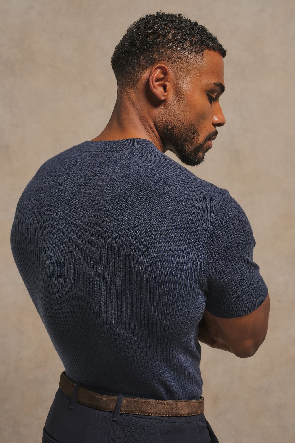 Soft Knitted Ribbed T-Shirt in Ink Blue