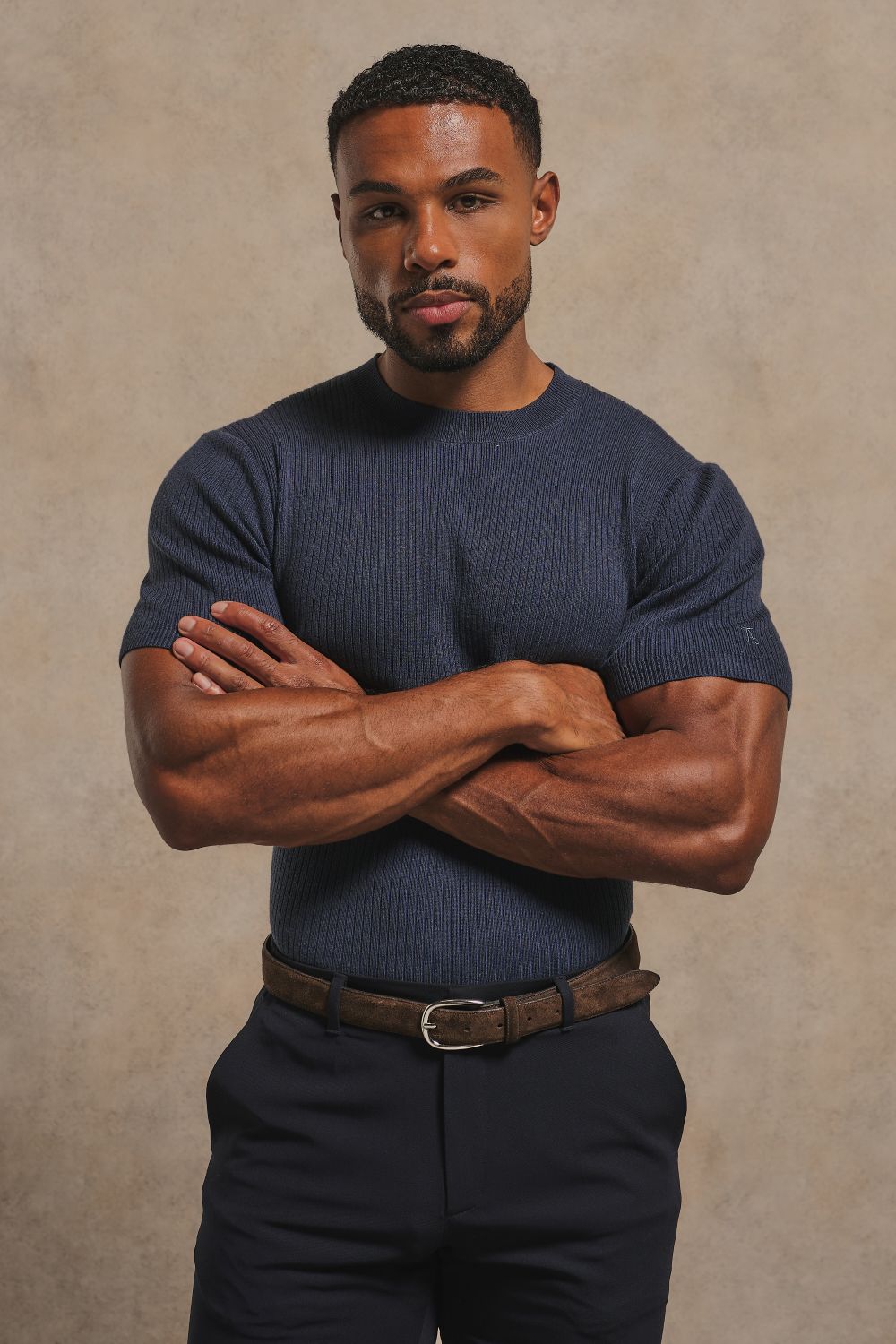 Soft Knitted Ribbed T-Shirt in Ink Blue