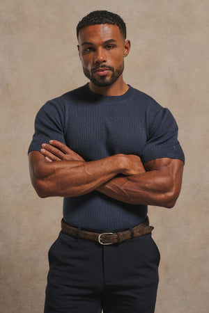 Soft Knitted Ribbed T-Shirt in Ink Blue