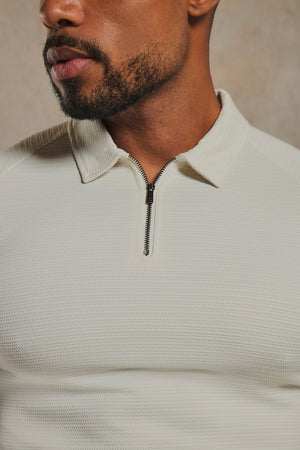 Textured Zip Neck Polo Shirt in Ecru