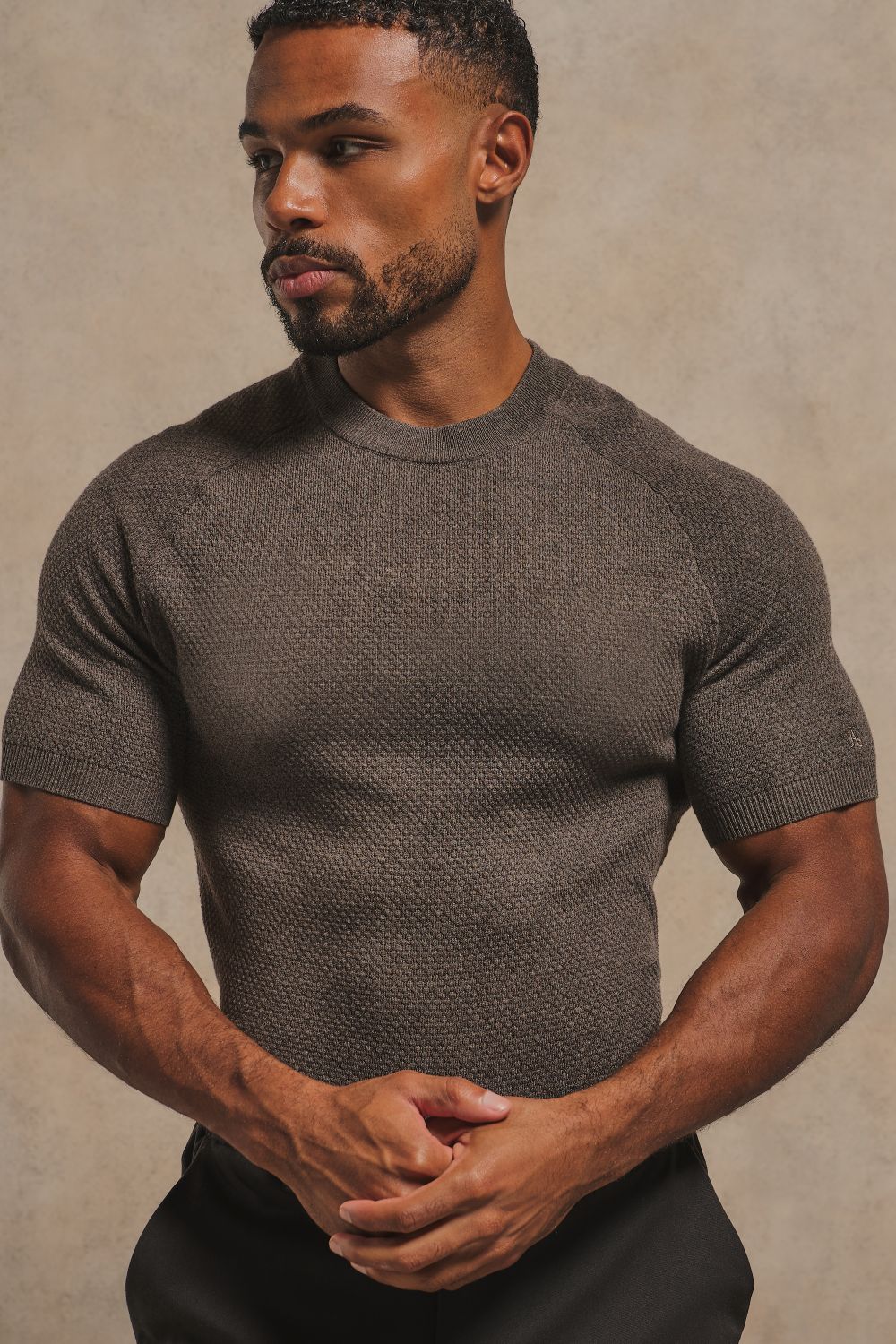 Textured Knitted T-Shirt in Chocolate