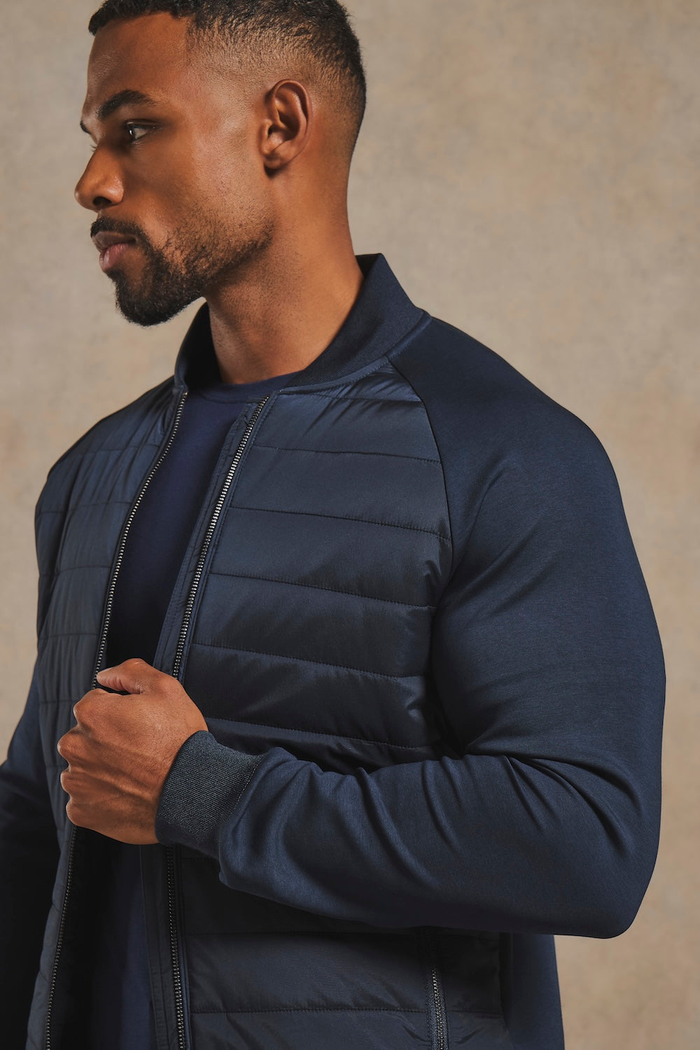 Hybrid Quilt and Jersey Zip Through Jacket in Navy