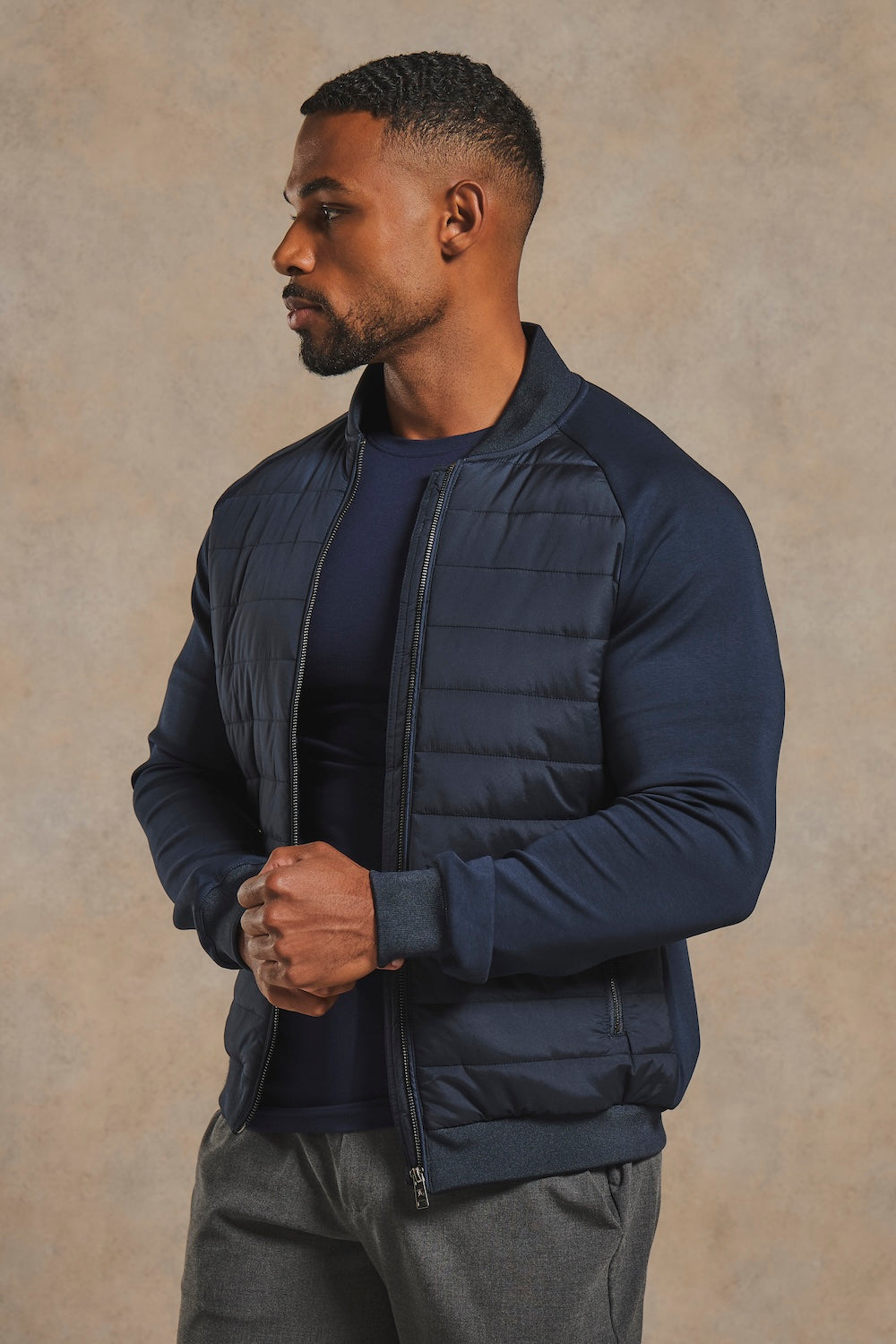 Hybrid Quilt and Jersey Zip Through Jacket in Navy