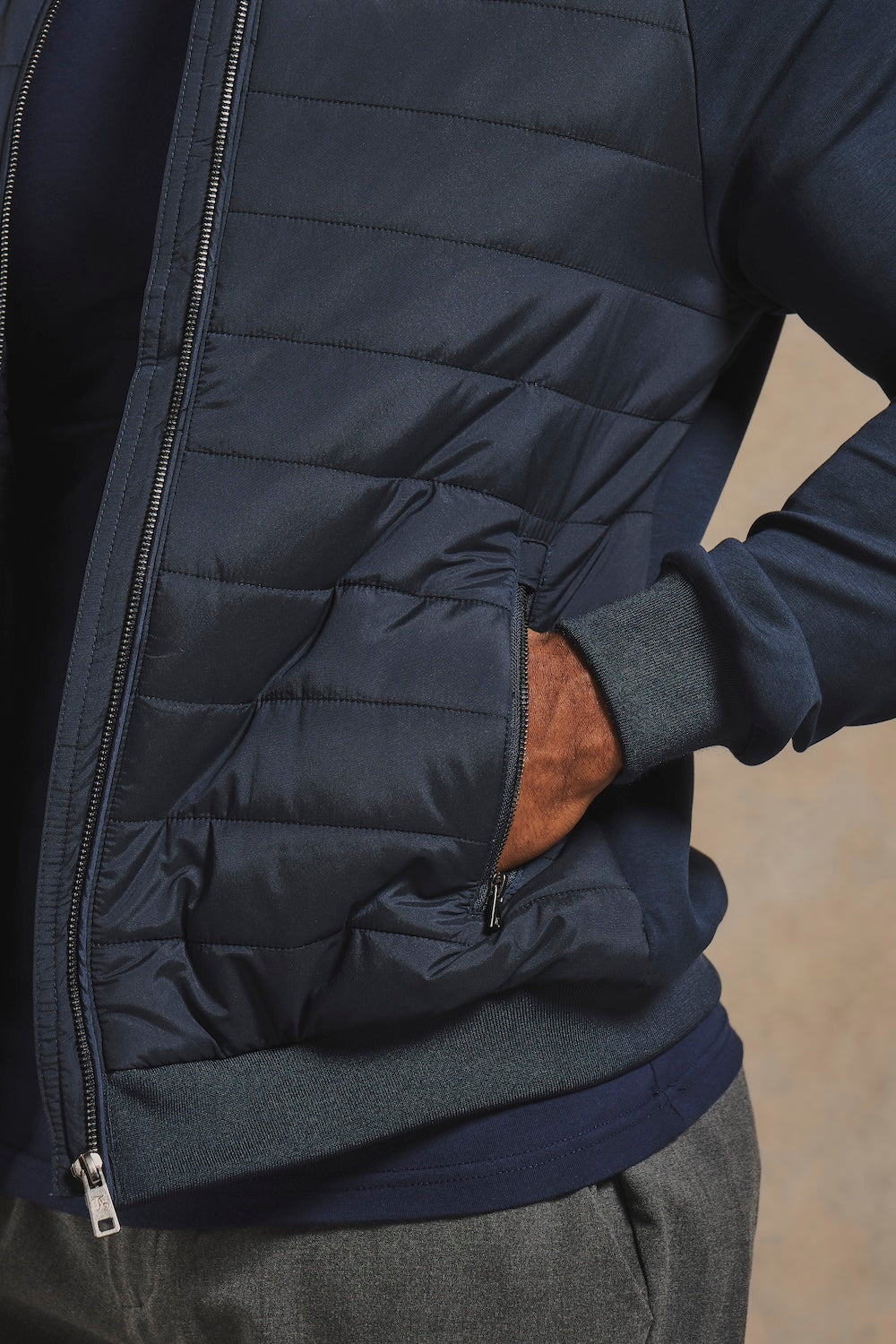 Hybrid Quilt and Jersey Zip Through Jacket in Navy