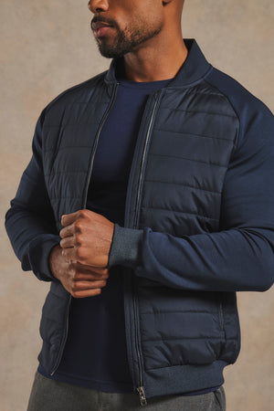 Hybrid Quilt and Jersey Zip Through Jacket in Navy