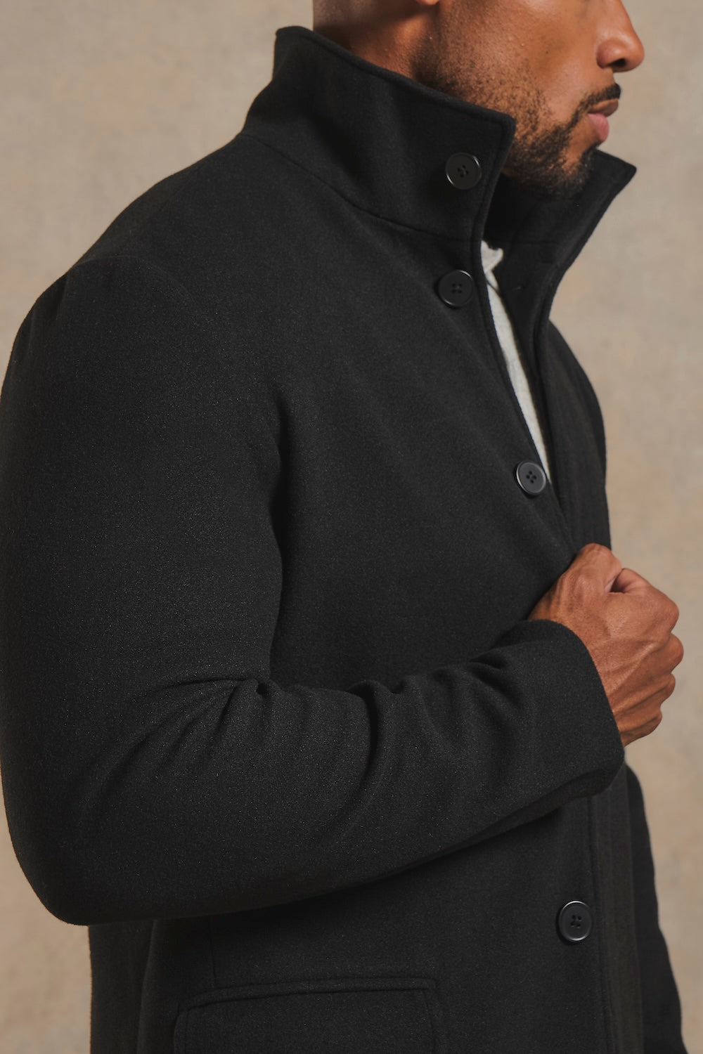 Funnel Neck Overcoat in Black