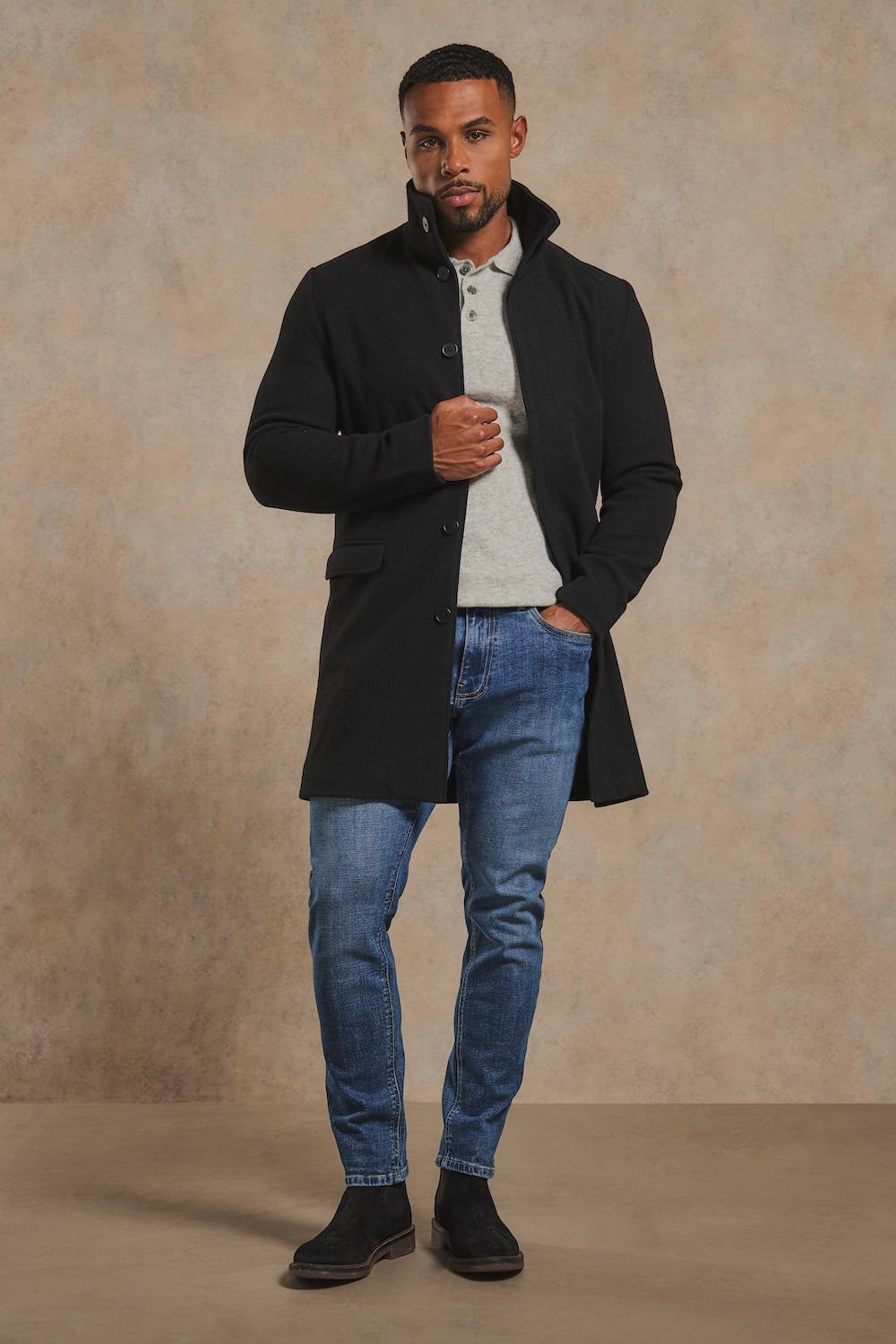 Funnel Neck Overcoat in Black